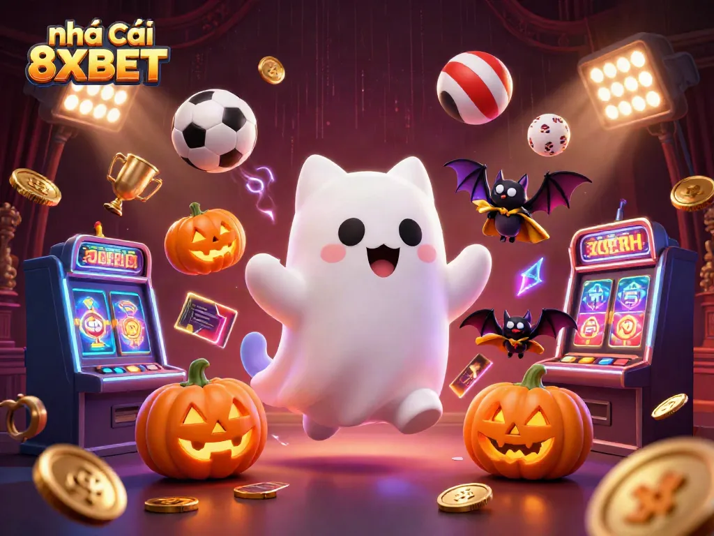 Experience the haunted casino adventure with nhà cái 8XBET featuring a ghost cat and vampire bat.