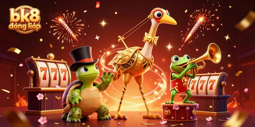 Experience exciting gaming action with bk8 đăng nhập in a vibrant 3D casino illustration featuring a glamorous crane and whimsical characters.