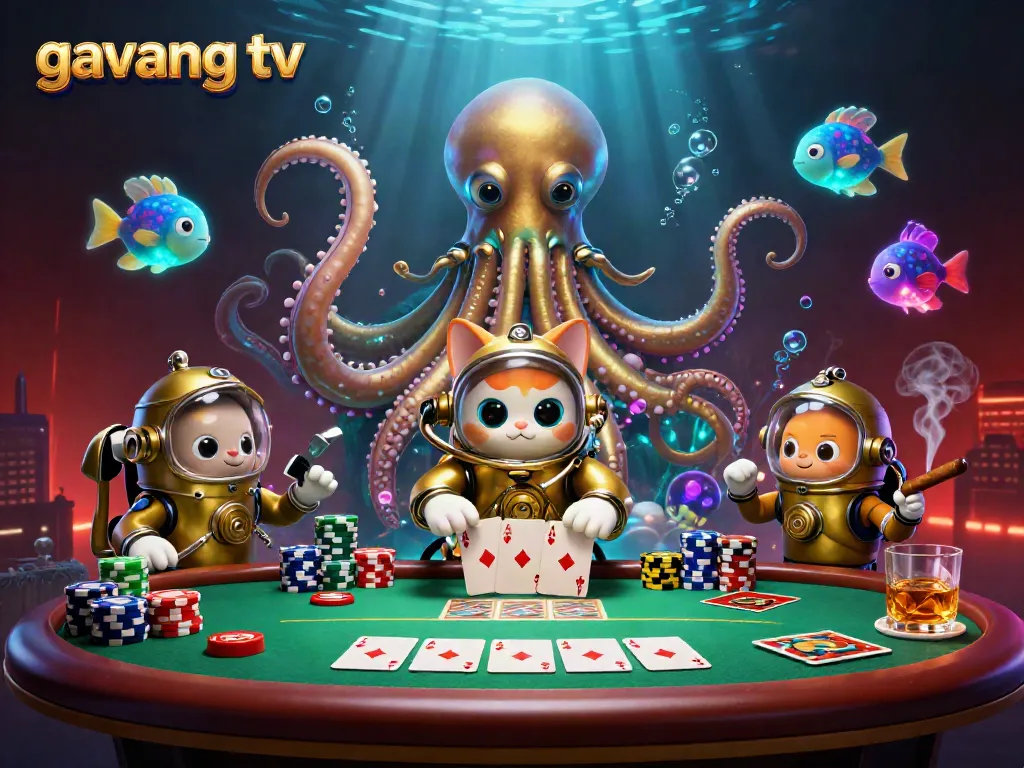 Engage with gavang tv: A vibrant scene of thrilling poker gameplay with a cartoon kraken and diving cat.