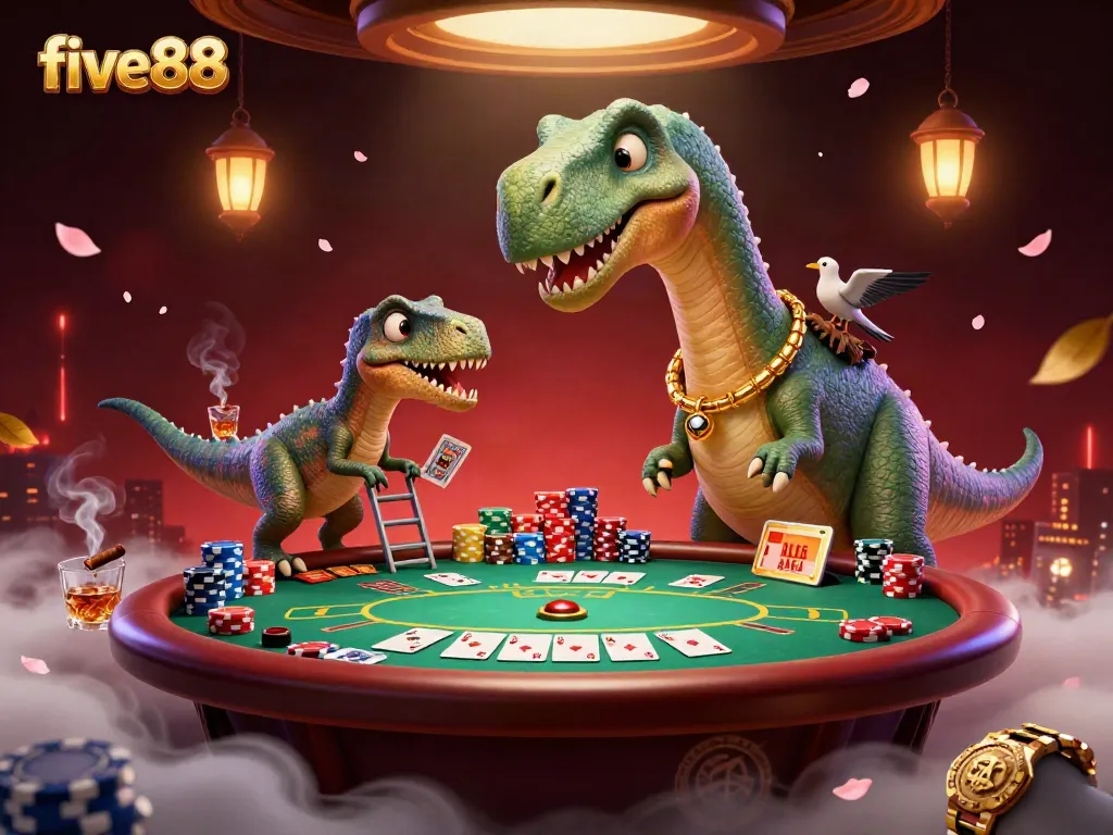 Win big at five88 with a towering cartoon brontosaurus in a vibrant casino setting dealing cards.