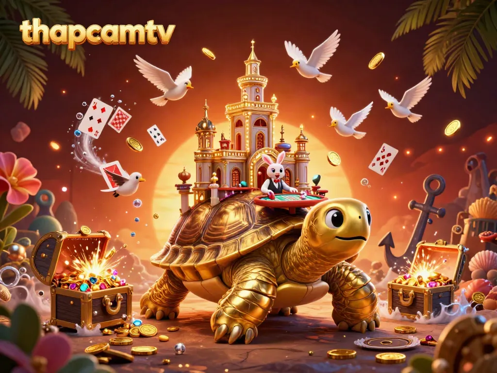 Experience the vibrant action of thapcamtv with a lively casino scene featuring a huge golden tortoise and a rabbit dealer.
