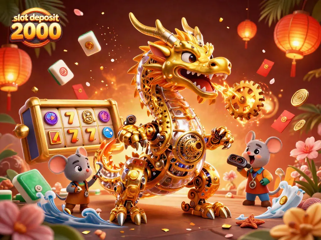 Win big with slot deposit 2000's rewarding gameplay, featuring vibrant slot reels and animated treasures.
