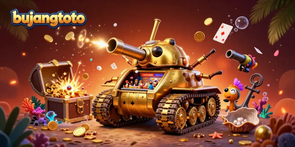 Bujangtoto showcases a vibrant casino scene within a golden beetle tank, surrounded by treasures and playful elements.