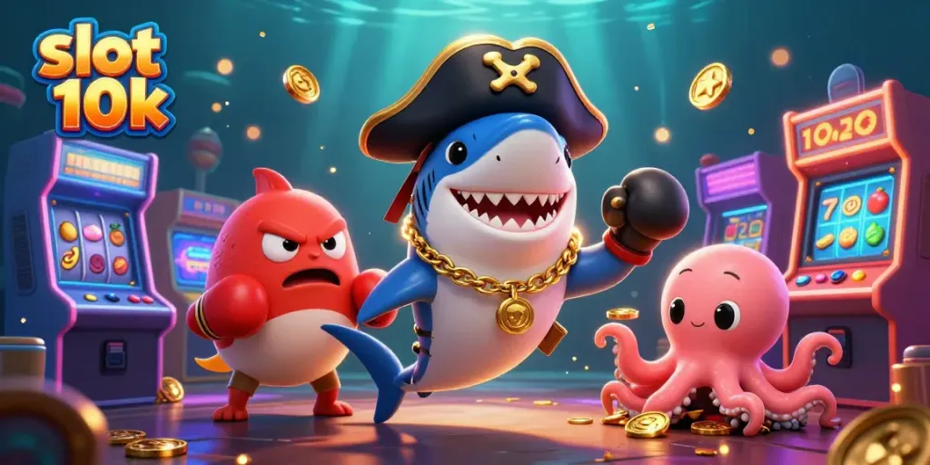 Spin the reels at slot 10k with colorful casino characters and game machines in this vibrant illustration.
