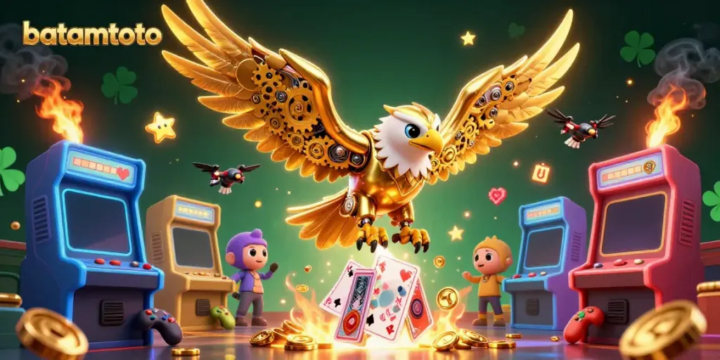 Experience batamtoto's thrilling gameplay with a cybernetic eagle and arcade elements in an exciting casino scene.
