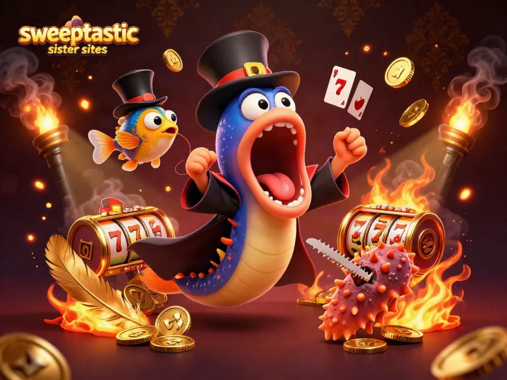 Sweeptastic sister sites display winning card tricks by animated underwater characters in a vibrant casino setting.