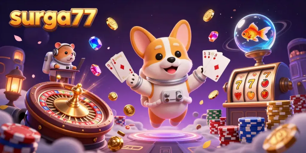 Experience the thrill of surga777 with a floating astronaut corgi in a vibrant casino scene.