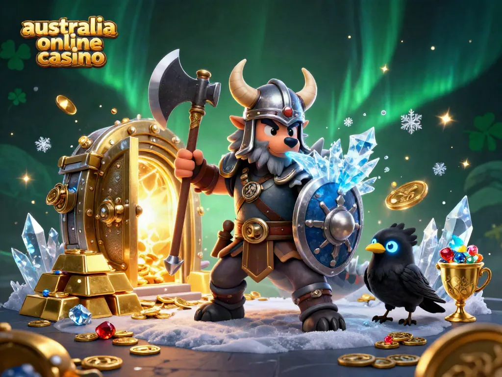 Play thrilling games at australia online casino with this captivating Viking scene filled with treasures.