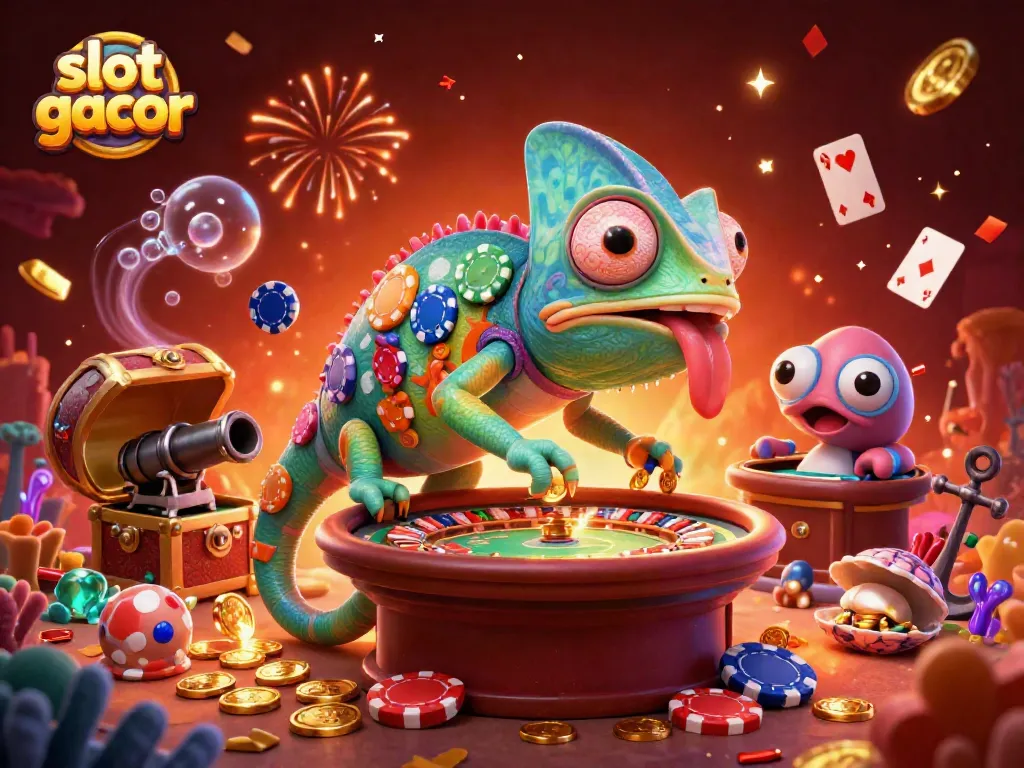 Experience thrilling slot gacor excitement with a colorful chameleon casino owner and vibrant game elements.