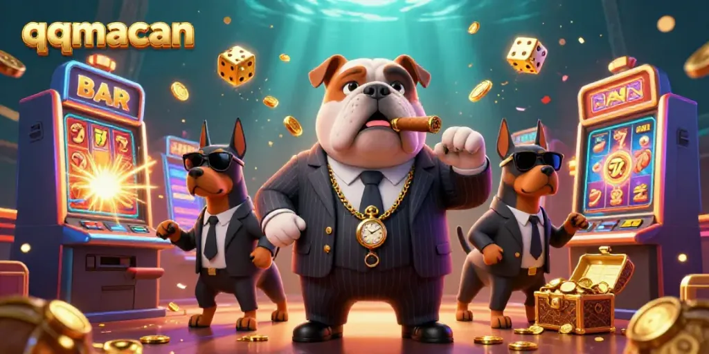 Experience the excitement of qqmacan with a dynamic 3D scene of a mafia bulldog and slot machine jackpot.