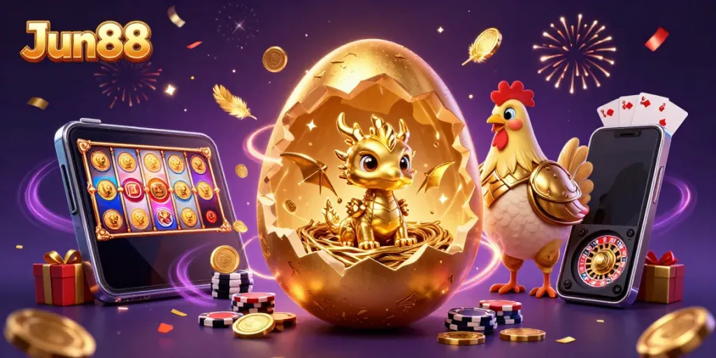 Watch the golden dragon emerge from its nest of poker chips in a vibrant Jun88 casino illustration.