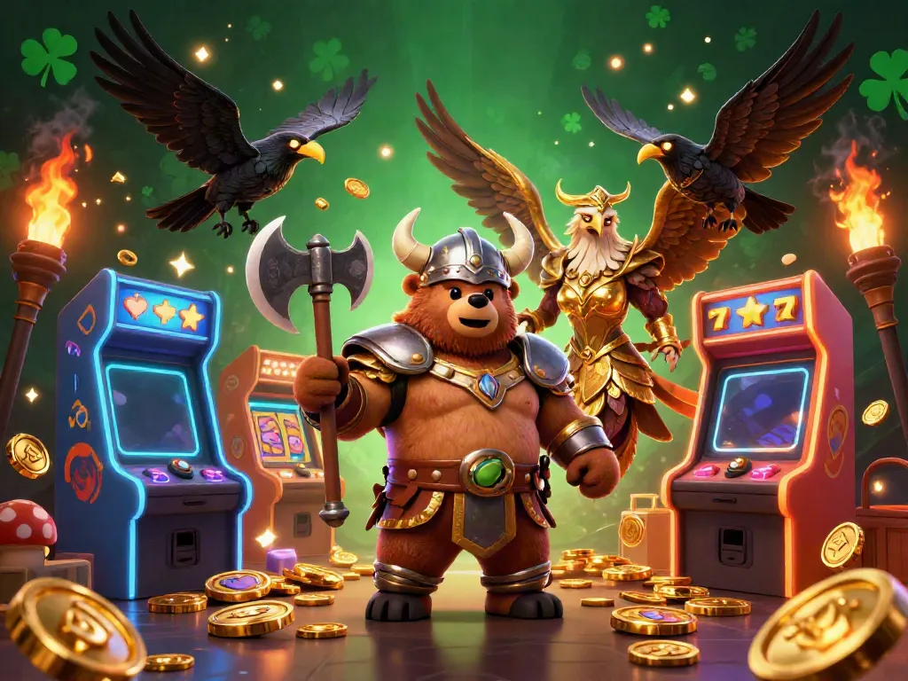 Ilustrasi kasino 3D menunjukkan beruang Viking dan elang Valkyrie di sebelah mesin slot berwarna.