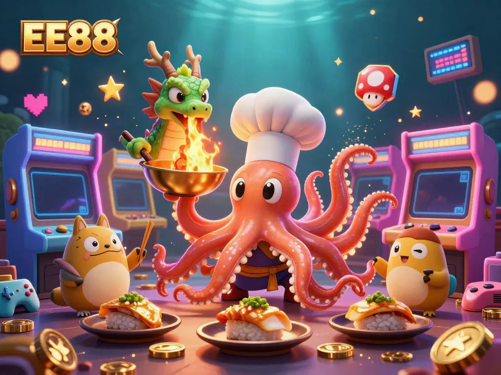 Experience gameplay excitement with EE88, featuring a vibrant 3D casino scene packed with colorful characters and gaming elements.