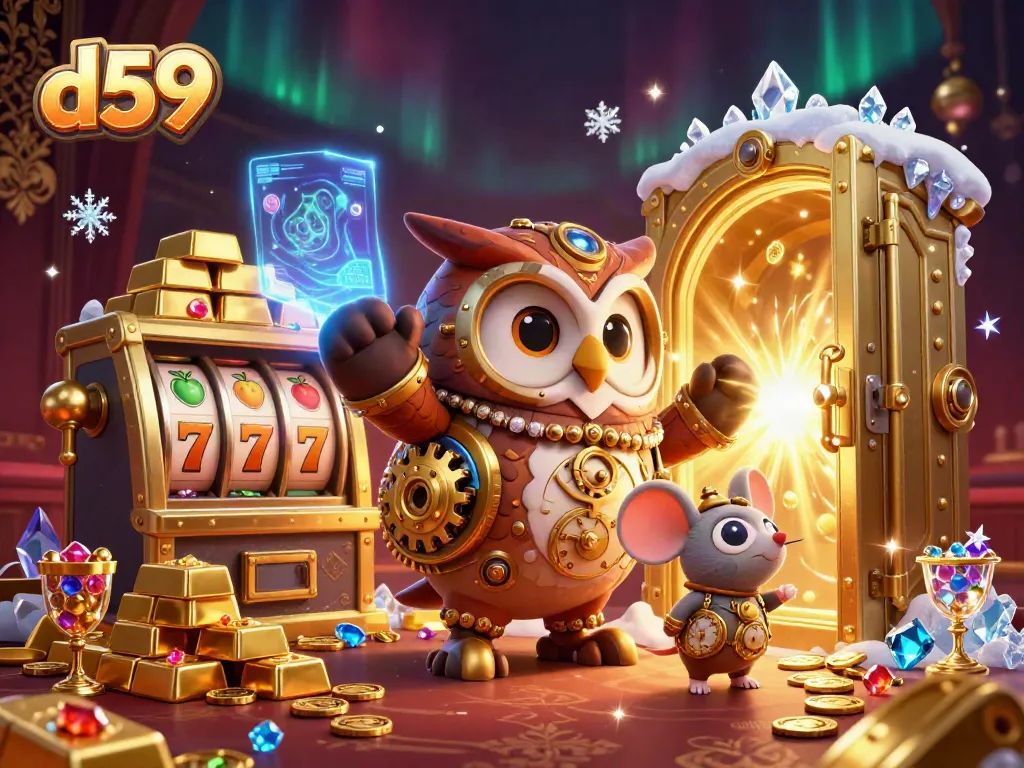d59 captivates players with dynamic slot action as the time-traveling owl spins classic reels in an enchanting casino.