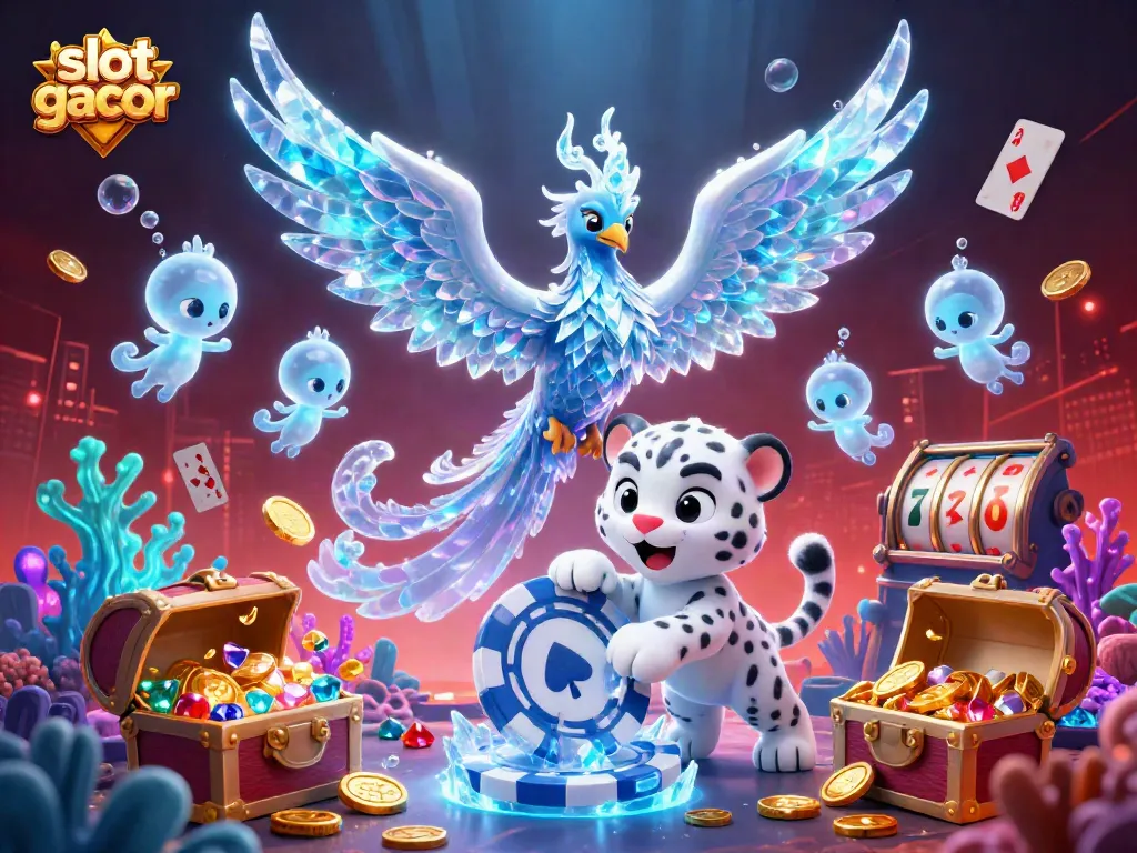 Experience explosive wins with slot gacor in this vibrant 3D illustration featuring a phoenix, leopard cub, and casino elements.
