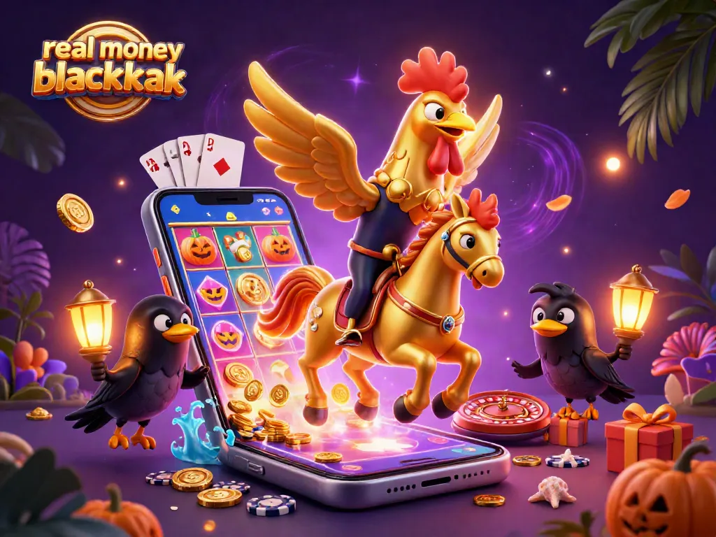 Experience real money blackjack in a vibrant, magical casino backdrop with dynamic gaming elements.