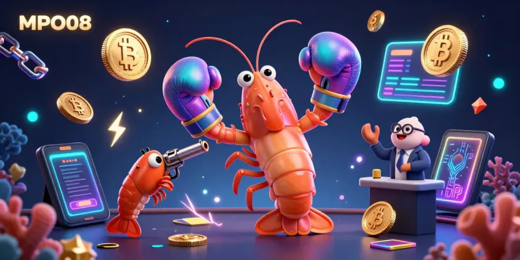Engage with MPO08 in a vibrant casino-themed illustration featuring a mantis shrimp, crypto coins, and electric energy.