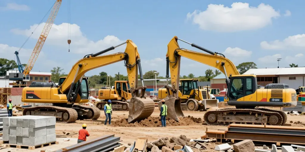 Panafrican Equipment in action at a vibrant construction site with heavy machinery and workers.