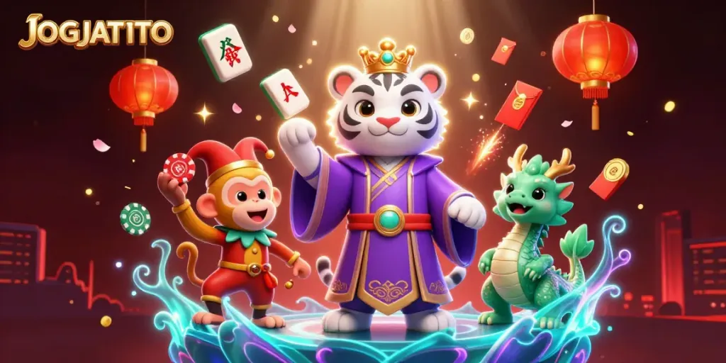 Experience JOGJATOTO's captivating gaming universe with a vibrant illustration of dynamic casino elements.
