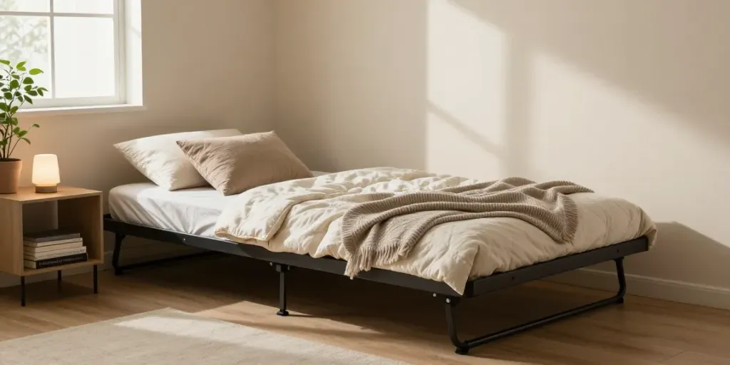 Stylish folding bed in a cozy bedroom, inviting atmosphere with soft lighting