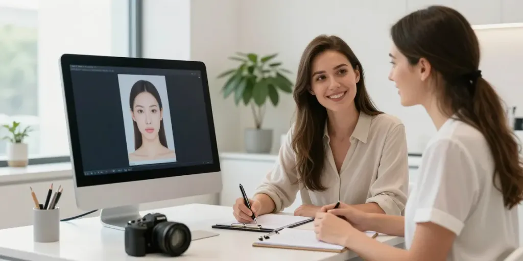 Young woman discussing Alternatives to QOVES with beauty consultant in modern clinic
