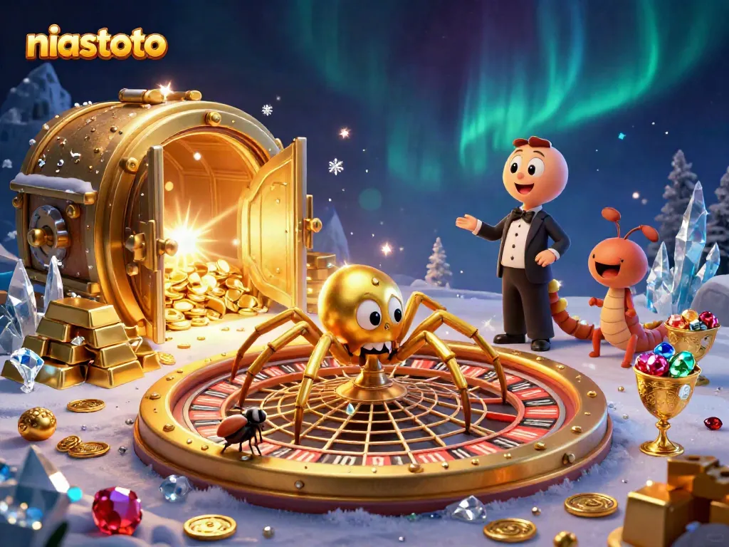 Bet confidently with niastoto as a golden spider spins its roulette web, surrounded by treasures.