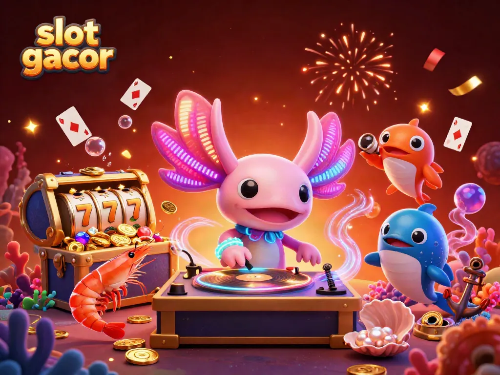 Experience the vibrant slot gacor scene with neon-colored axolotl DJ spinning vibrant records and celebrating