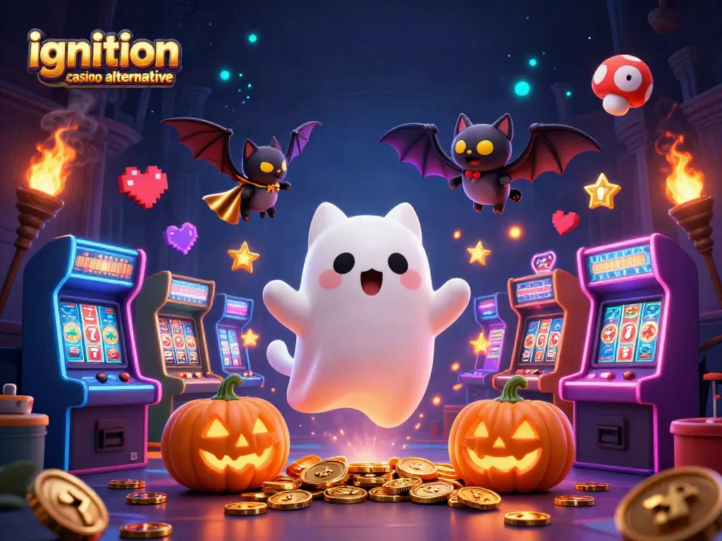 Experience the thrilling ignition casino alternative with ghost cat and bat in a haunted casino scene.