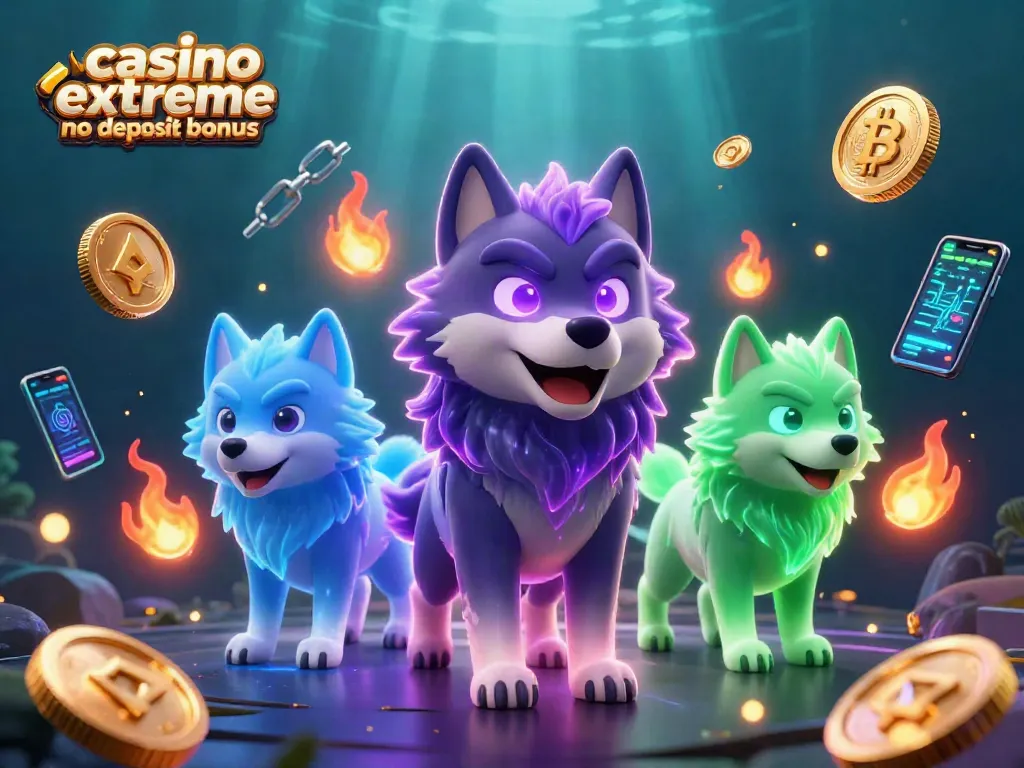 Experience the casino extreme no deposit bonus with energetic wolves amid glowing crypto elements.