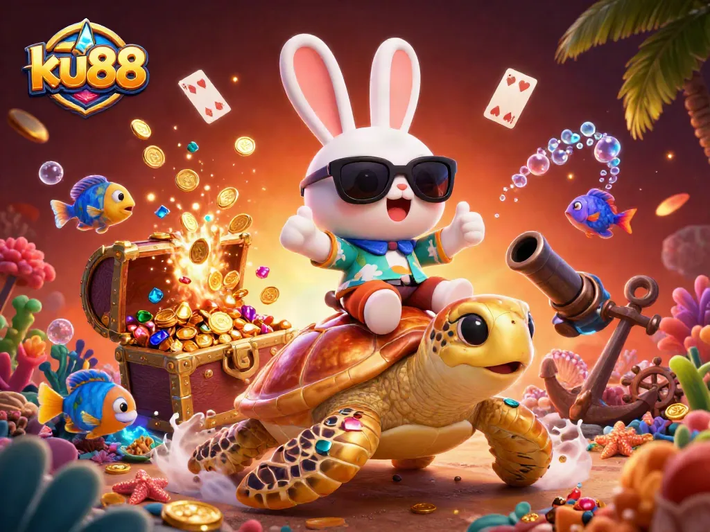 Experience exciting gameplay at ku88 with a vibrant scene featuring a lucky rabbit and golden sea turtle.