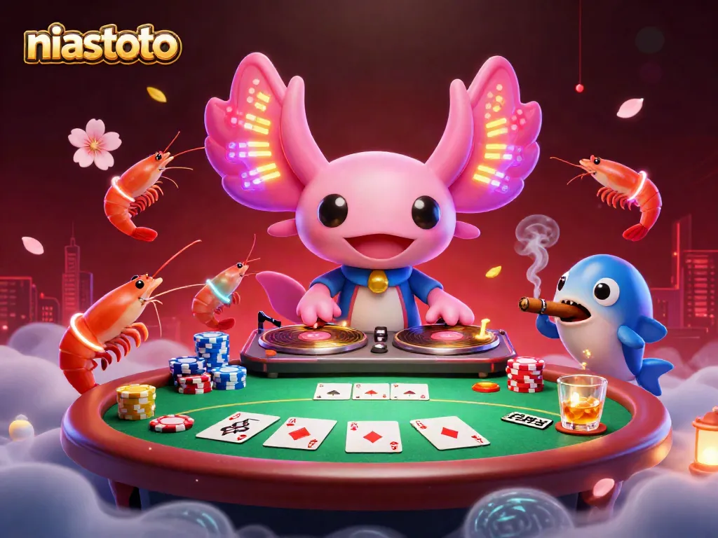 Catch the excitement of niastoto with a neon axolotl DJ mixing at a vibrant underwater casino scene.