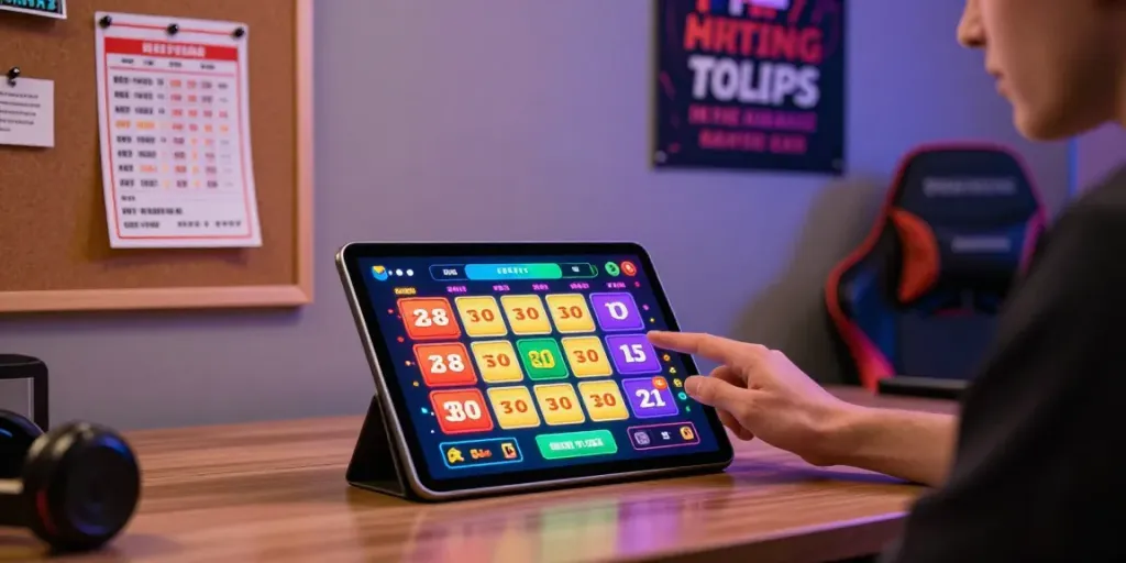 Ratutogel: Pemain tengah menggunakan tablet untuk taruhan togel online dengan grafik menarik.