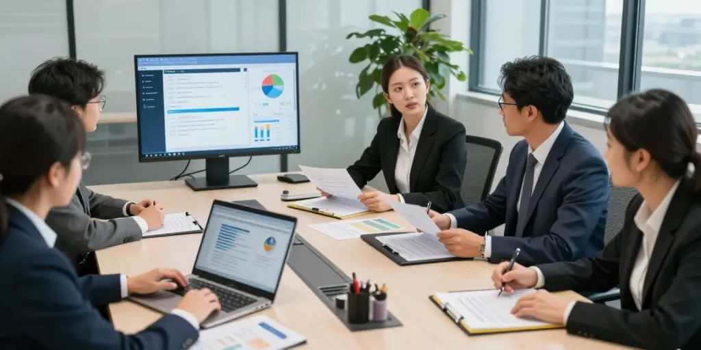 Team engaged in a fraud investigation meeting, analyzing reports and data analytics.