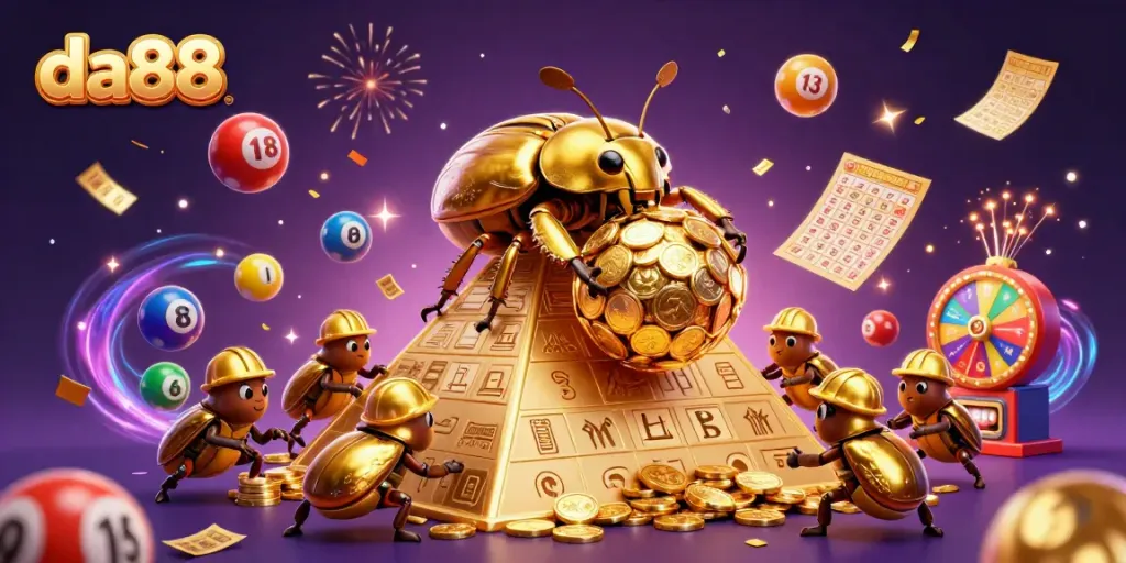 Join the vibrant action at da88 with golden beetles and lottery excitement in this colorful scene.