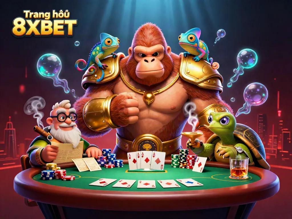 Engage with exciting games on Trang chủ 8XBET, featuring a powerful gorilla king, vibrant casino elements, and colorful decorations.