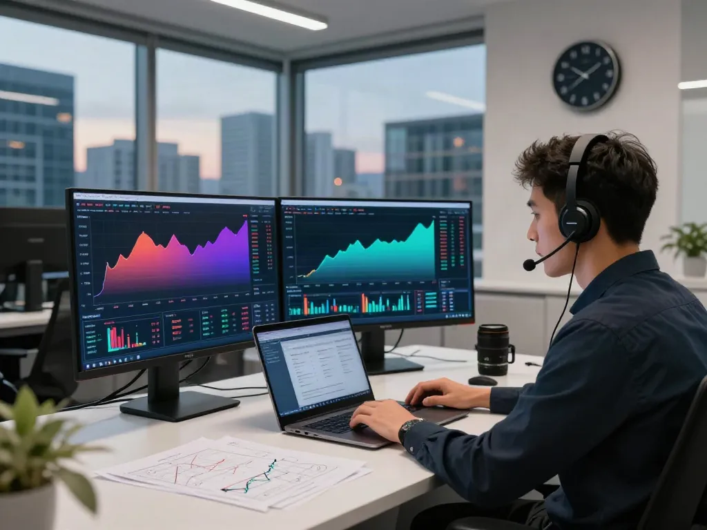 Trader engaged with tradingview官网 in a modern office, analyzing market data on dual screens.