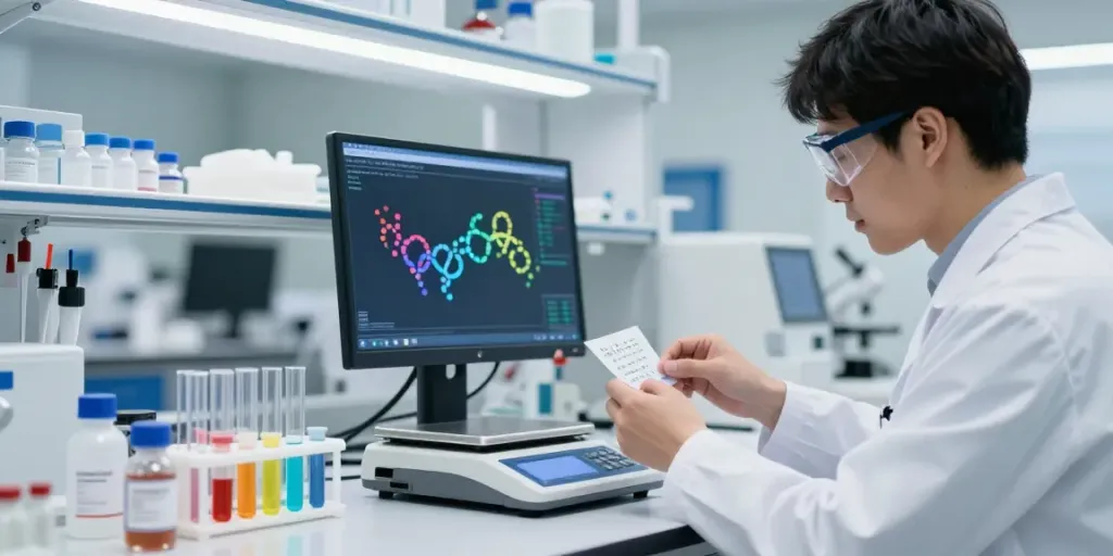 Researcher determining how much are peptides using high-tech equipment in a bright lab.