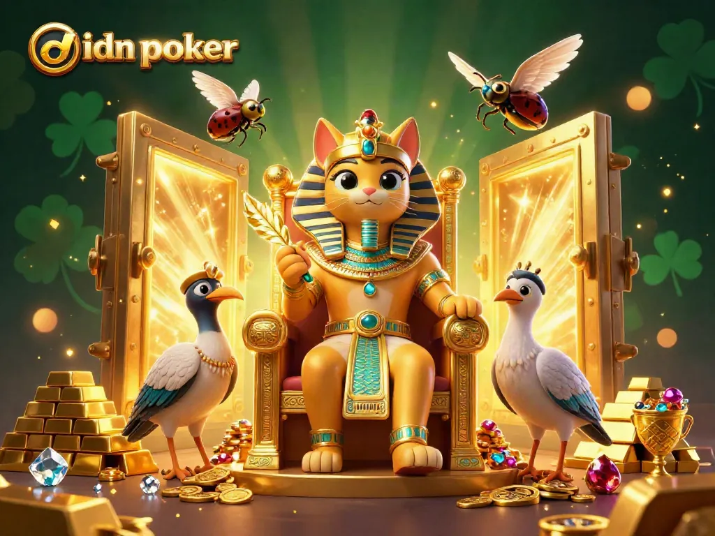 Win big playing idn poker with a vibrant 3D casino scene featuring an Egyptian cat and treasures.