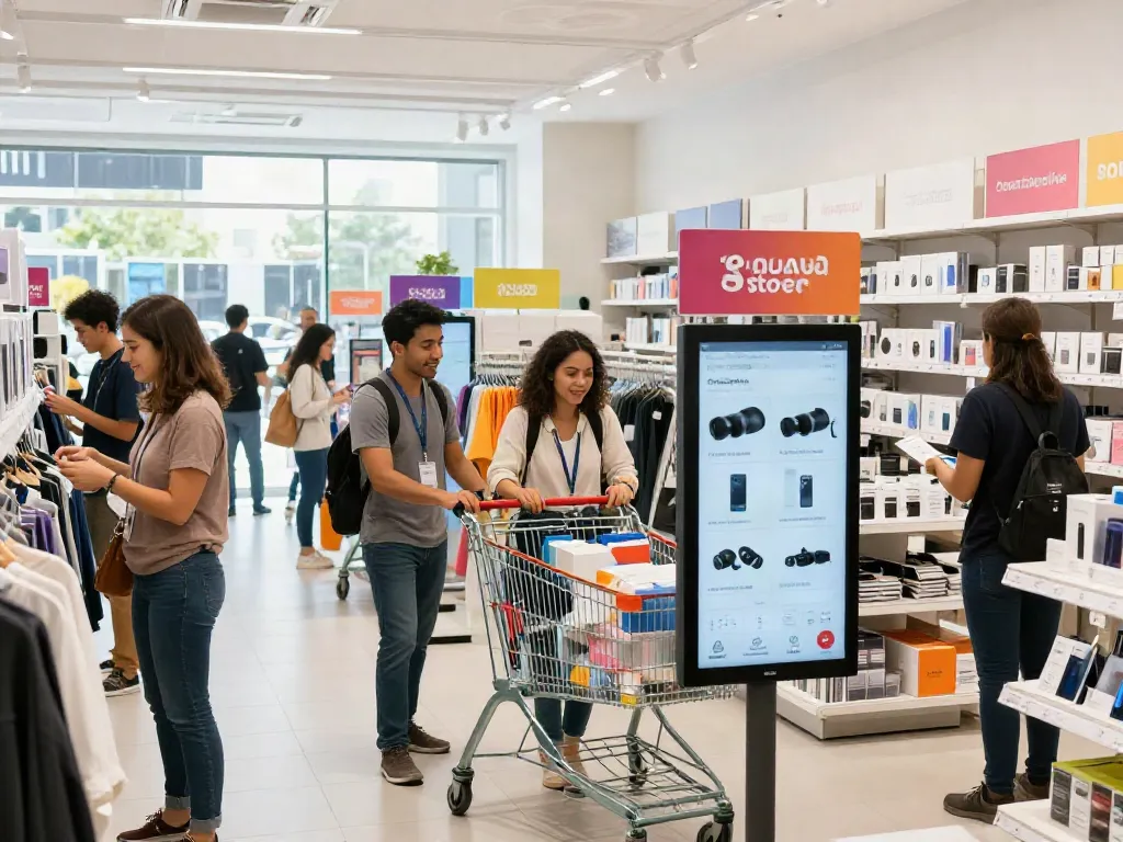 Shopping experience at Sanumstore featuring diverse customers and modern retail displays.