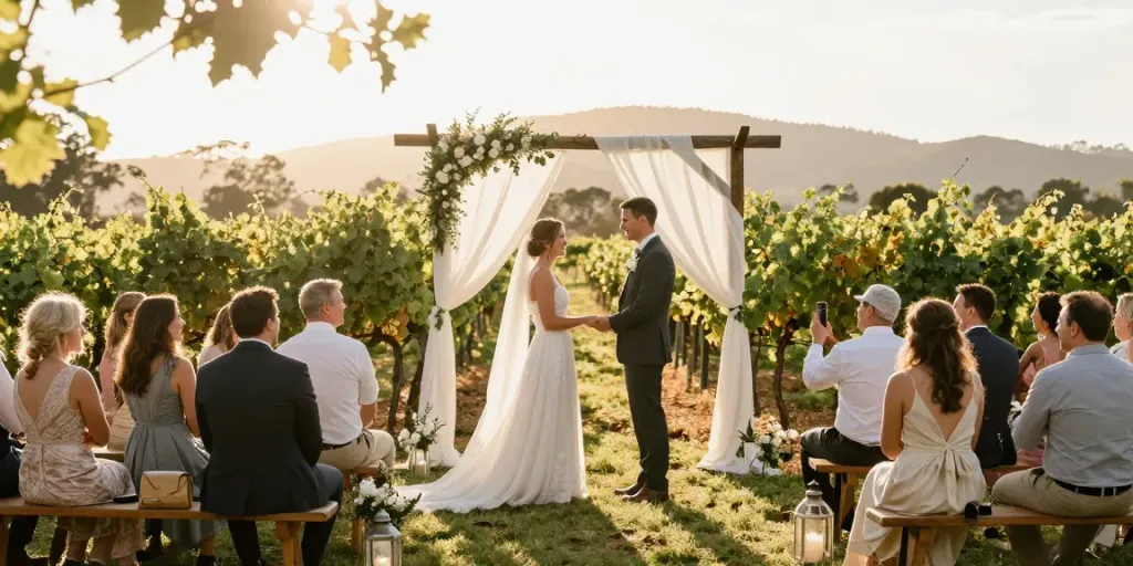 wedding photographer Pokolbin capturing a couple's joyful vineyard ceremony during golden hour.