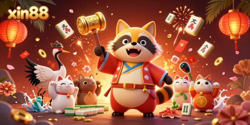 Join the festive celebration at xin88 with a cheerful tanuki and samurai crane amidst vibrant gambling elements.
