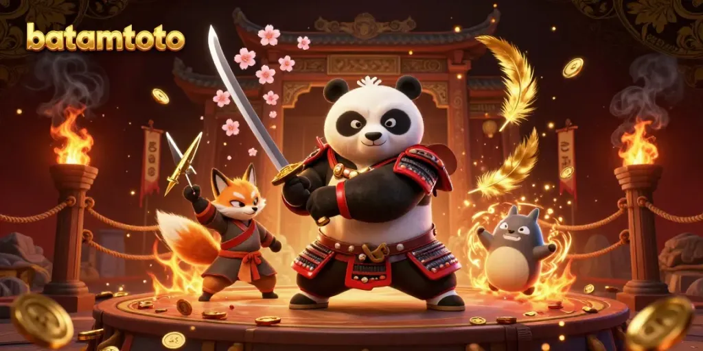 Witness batamtoto's dynamic 3D casino scene featuring a samurai panda and ninja fox amidst vibrant energy.