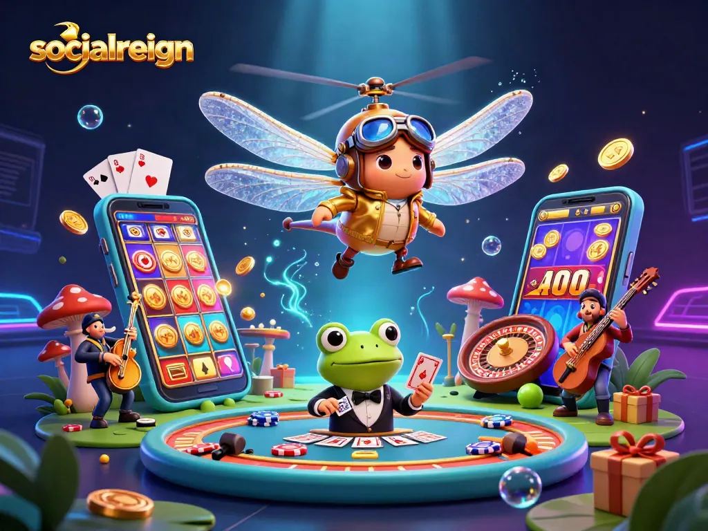Engage in vibrant gameplay with socialreign's lively slot casino scene featuring a dragonfly pilot and a frog dealer.