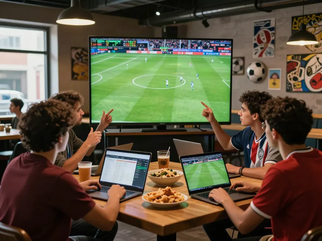 Exciting soccer analysis scene at WWBOLA with friends discussing odds and stats.