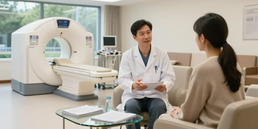 Ein professioneller medizinischer Fachmann erklärt die Röntgenreizbestrahlung in der Nähe in einer modernen radiologischen Klinik.