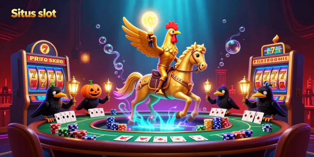 Experience thrilling action at Situs slot featuring a golden rooster and poker elements in a vibrant casino.