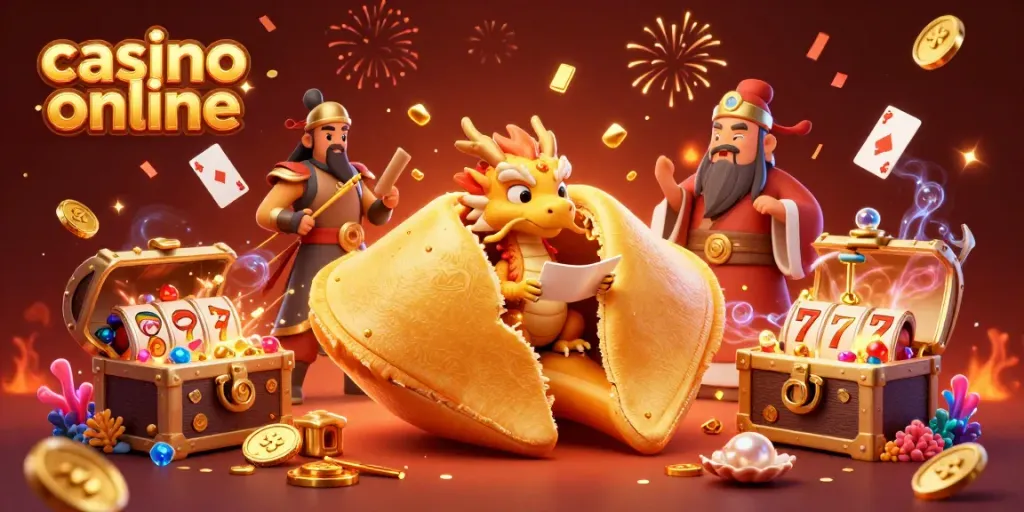 Engage in thrilling gameplay with a vibrant casino online scene showcasing fortune cookie and dragon characters.