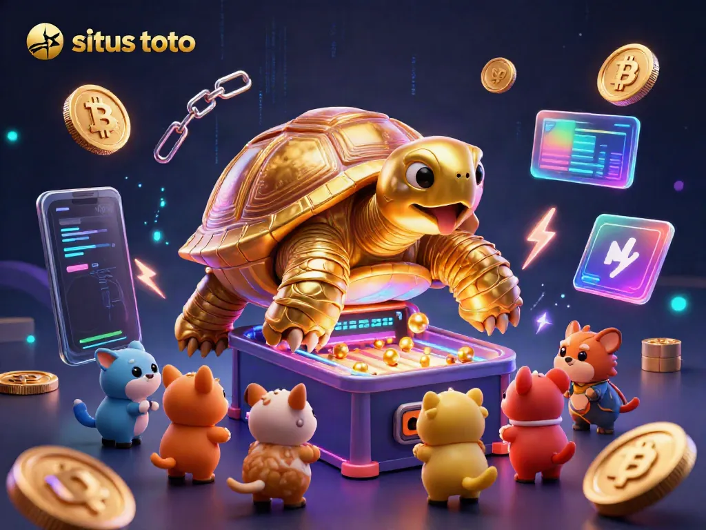 Play exciting games on situs toto with a vibrant scene featuring animated characters and glowing cryptocurrency coins.